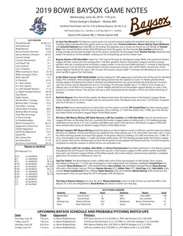 2019 BOWIE BAYSOX GAME NOTES Wednesday, June 26, 2019 - 7:05 P.M