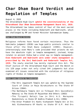 Char Dham Board Verdict and Regulation of Temples