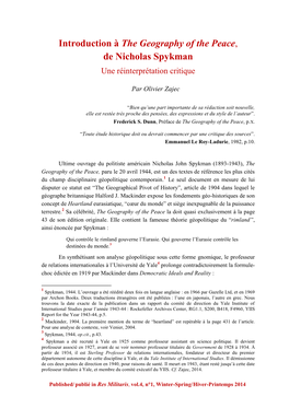 Introduction À the Geography of the Peace, De Nicholas Spykman Une Réinterprétation Critique