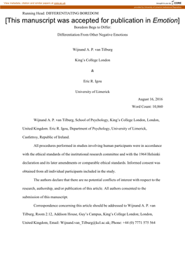 [This Manuscript Was Accepted for Publication in Emotion] Boredom Begs to Differ: Differentiation from Other Negative Emotions