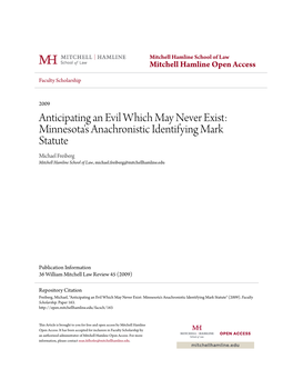 Minnesota's Anachronistic Identifying Mark Statute Michael Freiberg Mitchell Hamline School of Law, Michael.Freiberg@Mitchellhamline.Edu