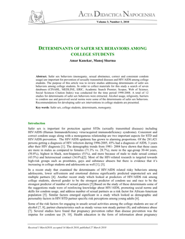 DETERMINANTS of SAFER SEX BEHAVIORS AMONG COLLEGE STUDENTS Amar Kanekar, Manoj Sharma