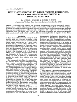 Host Plant Selection by Battus Philenor Butterflies: Evidence for Individual Differences in Foraging Behaviour