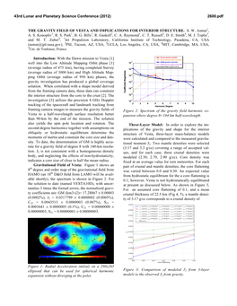 THE GRAVITY FIELD of VESTA and IMPLICATIONS for INTERIOR STRUCTURE. S. W. Asmar1, A. S. Konopliv1, R. S. Park1, B. G. Bills1, R. Gaskell2, C