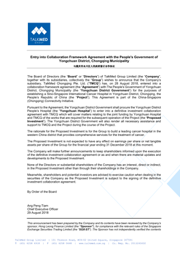 Entry Into Collaboration Framework Agreement with the People's Government of Yongchuan District, Chongqing Municipality 与重庆市永川区人民政府签订合作协议