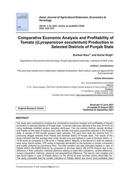 (Lycopersicon Esculentum) Production in Selected Districts of Punjab State