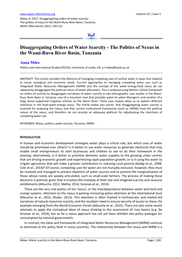 The Politics of Nexus in the Wami-Ruvu River Basin, Tanzania