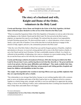 The Story of a Husband and Wife, Knight and Dame of the Order, Volunteers in the Holy Land