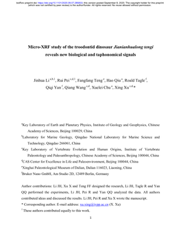 Micro-XRF Study of the Troodontid Dinosaur Jianianhualong Tengi Reveals New Biological and Taphonomical Signals