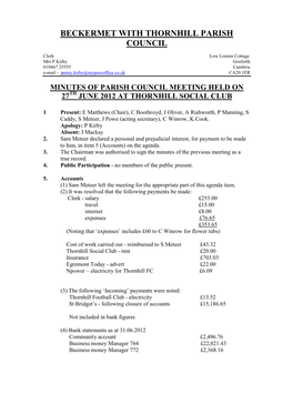 Minutes of Parish Council Meeting Held on 27 Th June 2012 at Thornhill Social Club