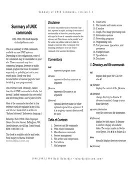 Summary of UNIX Commands Furnishing, Performance, Or the Use of These Previewers Commands Or the Associated Descriptions Available on Most UNIX Systems