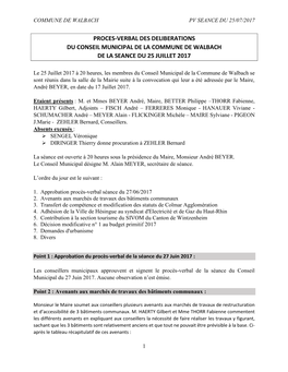 Proces-Verbal Des Deliberations Du Conseil Municipal De La Commune De Walbach De La Seance Du 25 Juillet 2017