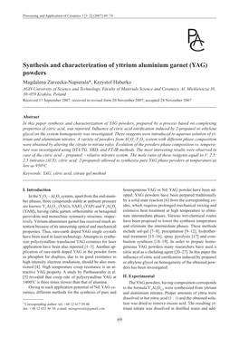 Synthesis and Characterization of Yttrium Aluminium Garnet (YAG