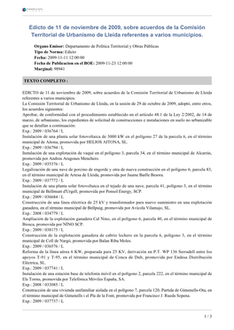 Edicto De 11 De Noviembre De 2009, Sobre Acuerdos De La Comisión Territorial De Urbanismo De Lleida Referentes a Varios Municipios