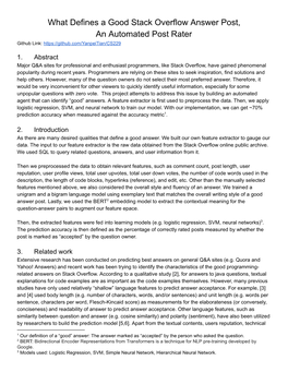 What Defines a Good Stack Overflow Answer Post, an Automated Post Rater Github Link: H Ttps://Github.Com/Yanpeitian/CS229