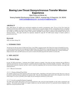 Boeing Low-Thrust Geosynchronous Transfer Mission Experience Mark Poole and Monte Ho Boeing Satellite Development Center, 2260 E