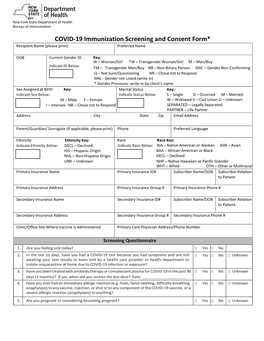 COVID-19 Immunization Screening and Consent Form* Recipient Name (Please Print) Preferred Name