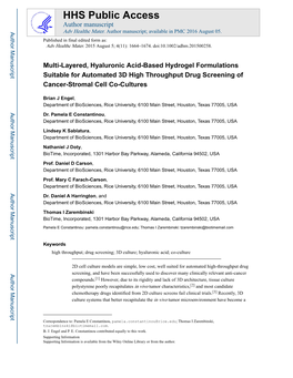 Multi-Layered, Hyaluronic Acid-Based Hydrogel Formulations Suitable for Automated 3D High Throughput Drug Screening of Cancer-Stromal Cell Co-Cultures