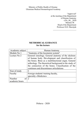 METHODICAL GUIDANCE for the Lecture Academic Subject Human Anatomy Module No 1