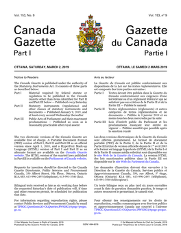 Gazette Du Canada, Partie I, Vol. 153, No. 9, Le 2 Mars 2019