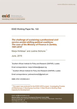 ESID Working Paper No. 122 the Challenge of Sustaining A