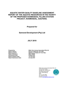 Aquatic Water Quality Baseline Assessment Report of the Aquatic Resources in the Vicinity of the Proposed Kosmosdal Filling Station Project, Kosmosdal, Gauteng