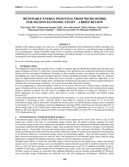 Renewable Energy Potential from Micro Hydro for Techno-Economic Uplift – a Brief Review