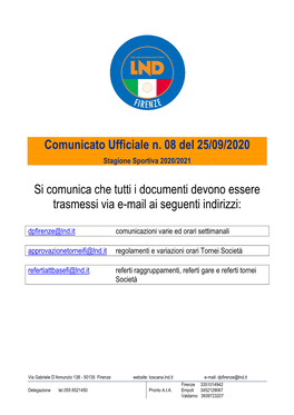 Comunicato Ufficiale N. 08 Del 25/0 Stagione Sportiva