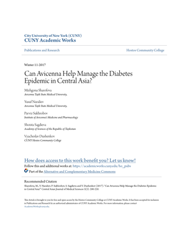 Can Avicenna Help Manage the Diabetes Epidemic in Central Asia? Mizhgona Sharofova Avicenna Tajik State Medical University