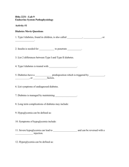 Hths 2231 - Lab 9 Endocrine System Pathophysiology