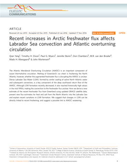 Recent Increases in Arctic Freshwater Flux Affects Labrador Sea