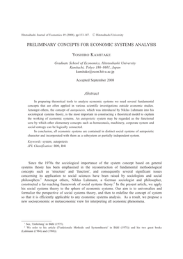 Preliminary Concepts for Economic Systems Analysis Yoshiro Kamitake