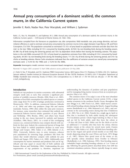 Annual Prey Consumption of a Dominant Seabird, the Common Murre, in the California Current System