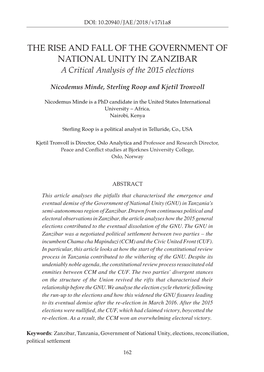 THE RISE and FALL of the GOVERNMENT of NATIONAL UNITY in ZANZIBAR a Critical Analysis of the 2015 Elections