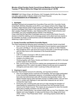 Minutes of East Farndon Parish Council Annual Meeting of the Parish Held on Tuesday 17Th March 2020 at the Village Hall Commencing at 7.45 PM