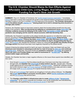 The U.S. Chamber Should Blame Its Own Efforts Against Affordable Child Care, Living Wages, and Infrastructure Funding for April’S Slow Job Growth