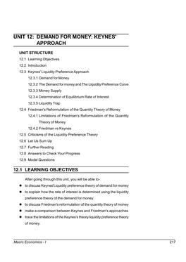 Unit 12: Demand for Money: Keynes' Approach