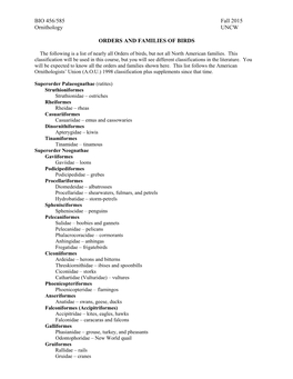 BIO 456/585 Fall 2015 Ornithology UNCW ORDERS and FAMILIES