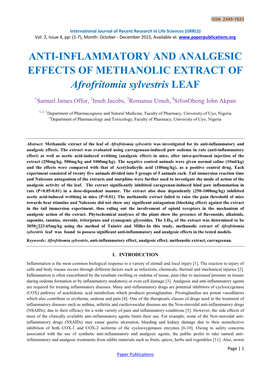 ANTI-INFLAMMATORY and ANALGESIC EFFECTS of METHANOLIC EXTRACT of Afrofritomia Sylvestris LEAF