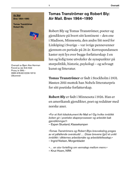 Tomas Tranströmer Og Robert Bly: Brev 1964–1990 Air Mail