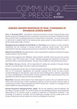 Eurazeo Growth Reinforces Its Team, Continuing Its Expansion Across Europe