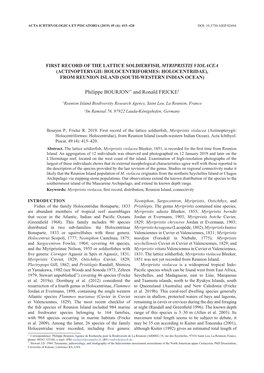 First Record of the Lattice Soldierfish, Myripristis Violacea (Actinopterygii: Holocentriformes: Holocentridae), from Reunion Island (South-Western Indian Ocean)