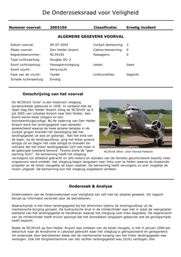 Report Mechanische Borging Landingsgestel Verbogen, Douglas DC-2, Den Helder Airport, 9 Juli 2005