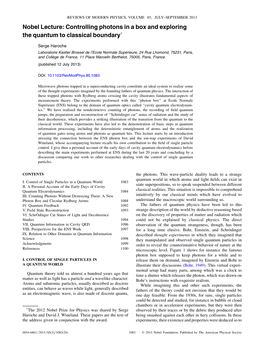 Nobel Lecture: Controlling Photons in a Box and Exploring the Quantum to Classical Boundary*