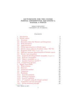 LECTURENOTE for the COURSE PARTIAL DIFFERENTIAL EQUATIONS 2, MATS340, 9 POINTS Contents 1. Introduction 3 2. Sobolev Spaces 3 2