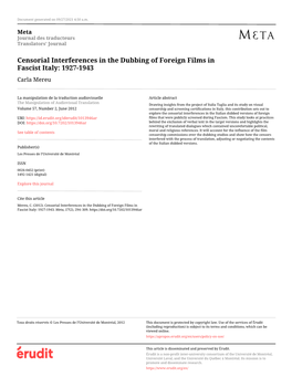 Censorial Interferences in the Dubbing of Foreign Films in Fascist Italy: 1927-1943 Carla Mereu