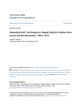 Regular Baptists in Maine, Nova Scotia, and New Brunswick, 1780 to 1815