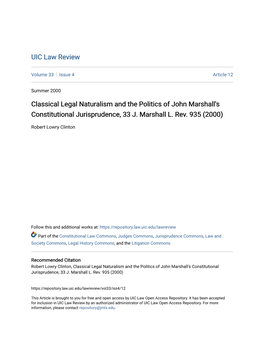 Classical Legal Naturalism and the Politics of John Marshall's Constitutional Jurisprudence, 33 J