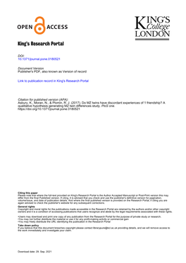 Do MZ Twins Have Discordant Experiences of Friendship? a Qualitative Hypothesis- Generating MZ Twin Differences Study