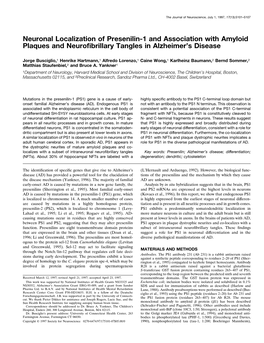 Neuronal Localization of Presenilin-1 and Association with Amyloid Plaques and Neuroﬁbrillary Tangles in Alzheimer’S Disease